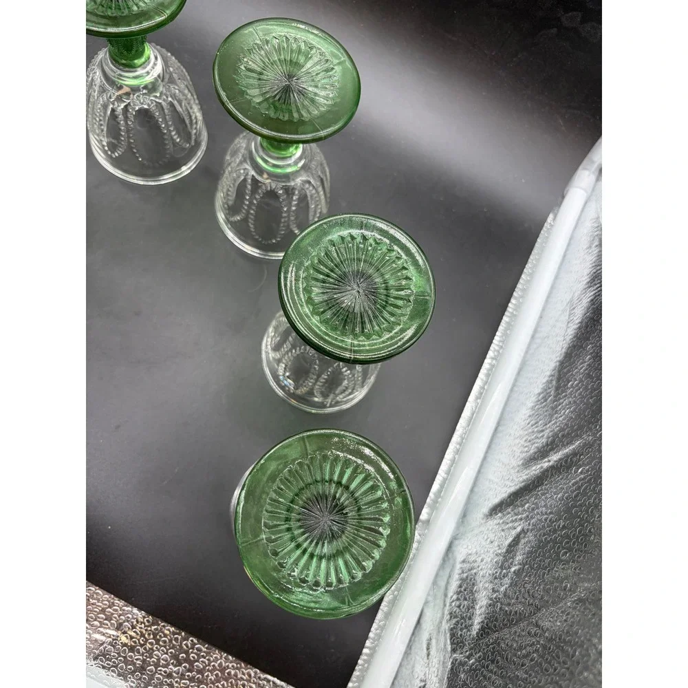 Vintage‎ Pressed Glass Juice Cordial Glasses Green Stem Beaded Swag Set of 6